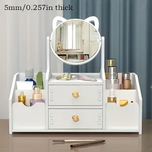 Super cute white makeup storage box with cat ear mirror with drawers and storage space. Perfect for girls, this large mirror with shelves and drawers is perfect for skin care and makeup storage. Modern Makeup Vanity