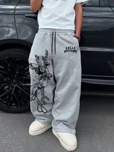 Men's Casual Long Pants, Drawstring Waist Straight Leg, Angel Print, Comfortable Daily Wear, All Seasons, Sporty & Leisure Style