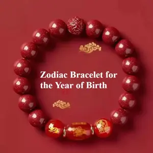 1pc Zodiac Bracelet - Authentic Cinnabar Beads with Golden-Accented Rabbit, Mouse, Dragon, Horse, Rooster Charms - Traditional Chinese Style, Perfect for Casual Attire & Gifting