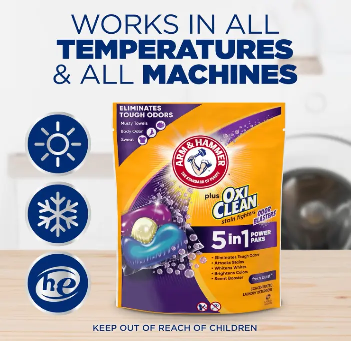 Arm & Hammer Plus OxiClean With Odor Blasters Laundry Detergent 5-IN-1 Power Paks, 42CT (Packaging may vary)