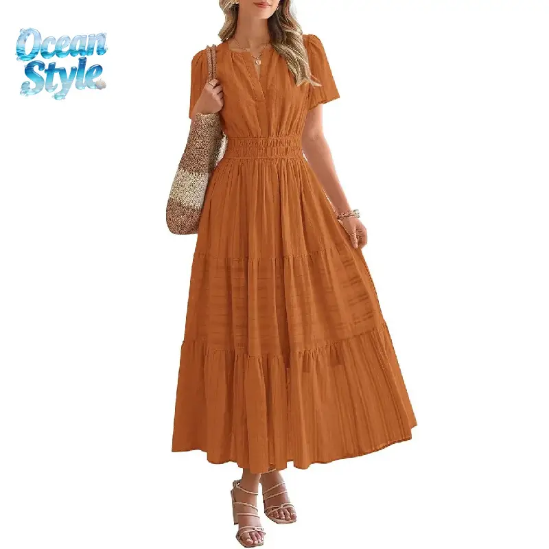 Women's Polyester Summer Short-Sleeve Maxi Dress - Lightweight V-Neck Loose-Fitting Classy Casual Basic Feminine Dress with Pockets, Elegant Comfortable Wear for Outdoor Activities, Elegance, Classy Casual Dresses