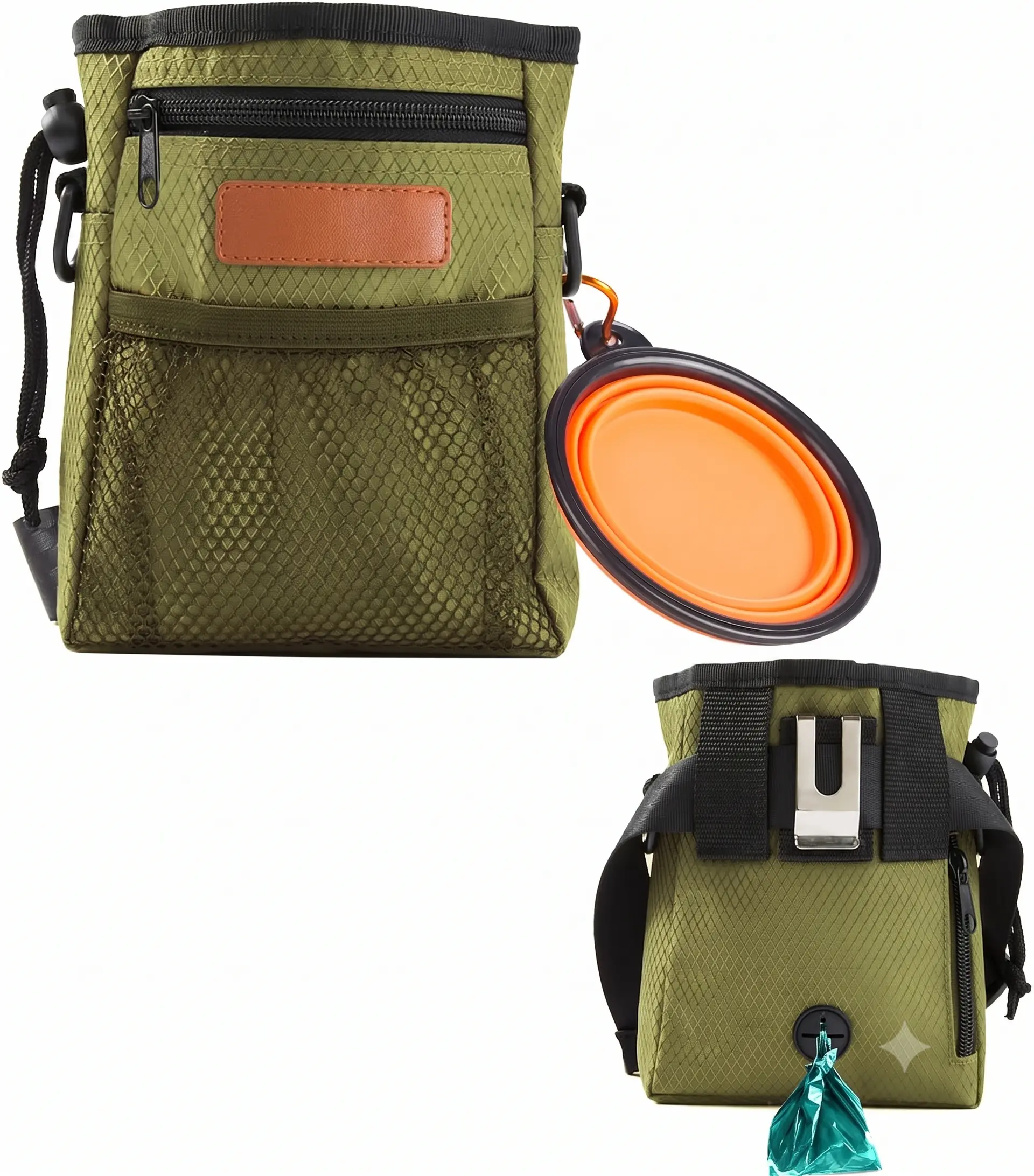 Nylon Dog Training Pouch & Clicker Training Aid Set - Multi-Wear Practical Treat Bag with Poop Bag Dispenser, Foldable Bowl for Outdoor Walks