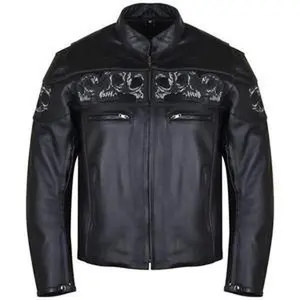 Vance Mens Black Reflective Skulls Premium Cowhide Leather Biker Motorcycle Riding Jacket