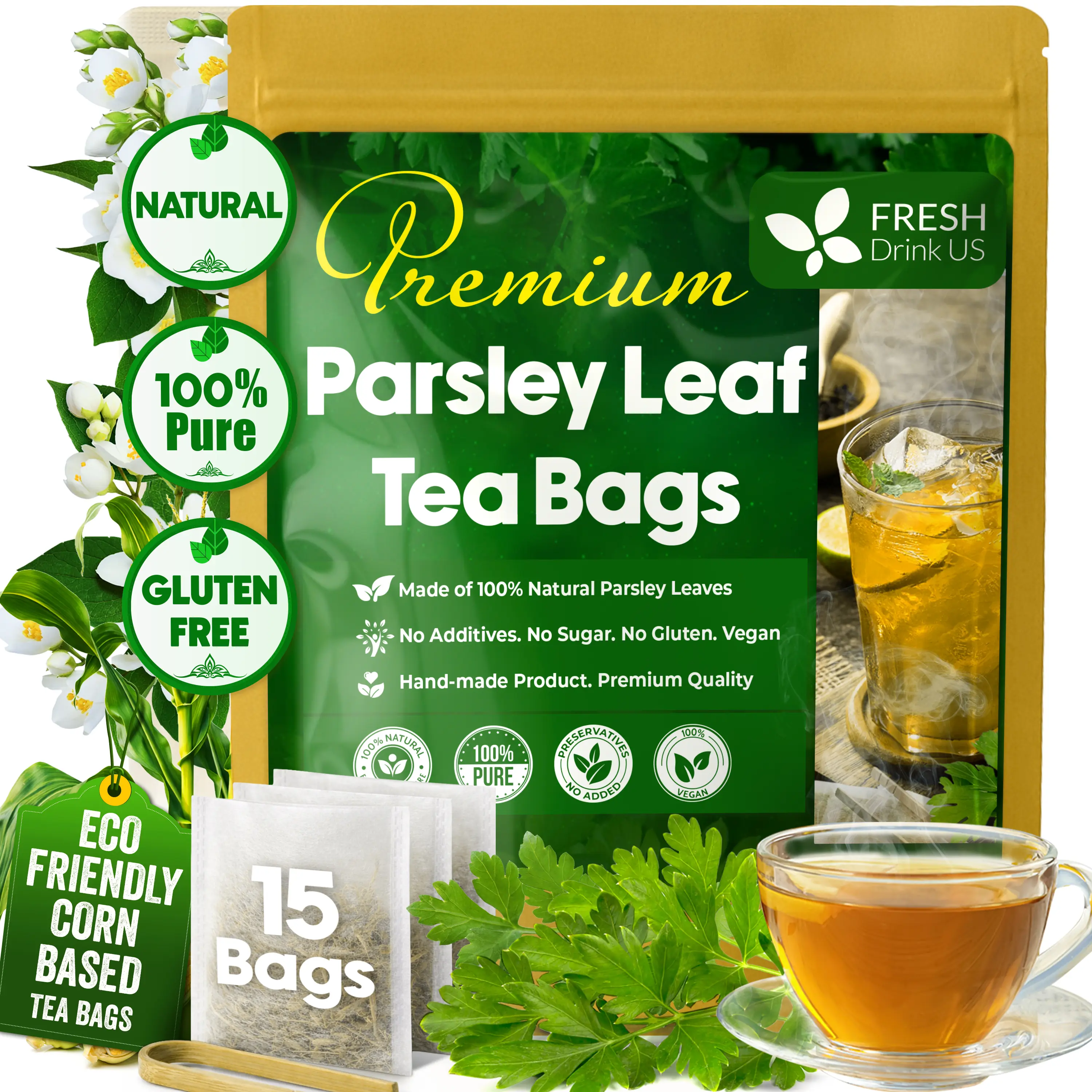 FreshDrinkUS, Premium 15 Parsley Leaf Tea Bags, 100% Natural & Pure from Parsley Leaves. Loose Leaf Parsley Herbal Tea. Made with Natural Material Tea Bags. No Sugar, No Caffeine, No Gluten, Vegan.