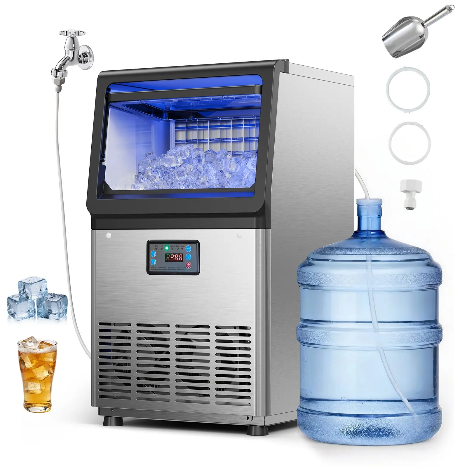 【Summerfinds】VEVOR Commercial Stainless Steel Ice Maker Machine, 90 lbs/24h Production, 13 lbs Storage, 37.26 lbs Weight, Countertop/Freestanding/Under Counter, LED Display, Self-Cleaning, Timer, Water Inlet, Durable Scoop, for Restaurants, Kitchens, Flip