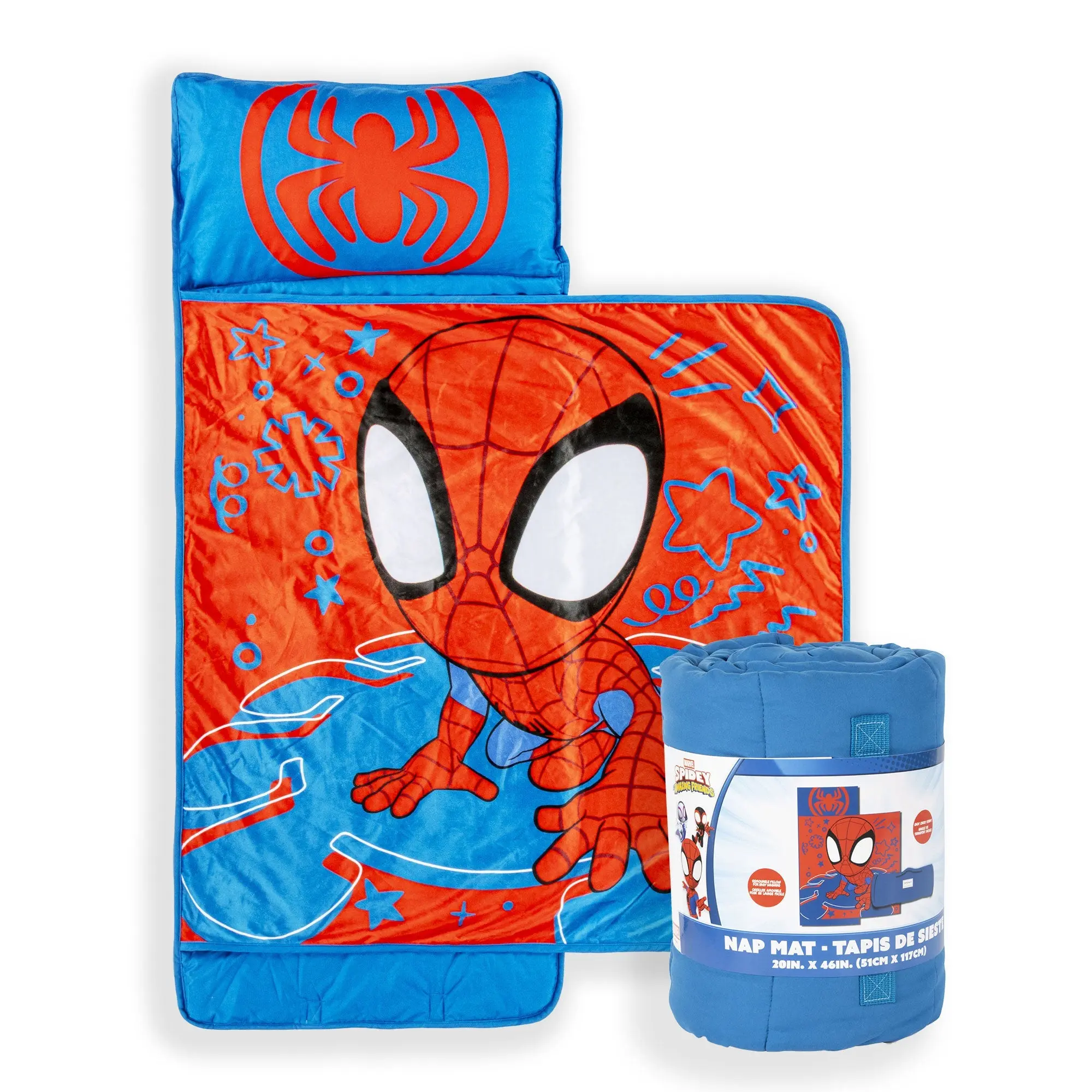 Jay Franco Spidey and Friends Kids' Nap Mat - Polyester, Lightweight, Machine Washable, 34x35 Inches, Built-In Blanket, Removable Pillow, Velcro Close, 9.5x20 Inches Carry Handle, Practical Gift for Kids