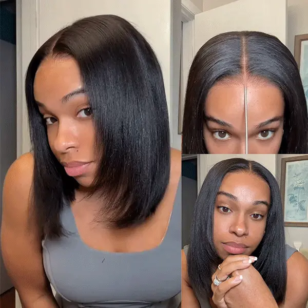 OhMyPretty 180% Density Yaki Straight Bob Wig, Glueless Virgin Human Hair in Natural Black, Pre-Plucked 9x6 T-Part Transparent Lace with Elastic Band, Glueless Wigs, Natural Black Hair, Bob Cut, Unisex, Adjustable, Pre-Cut, Long-Lasting