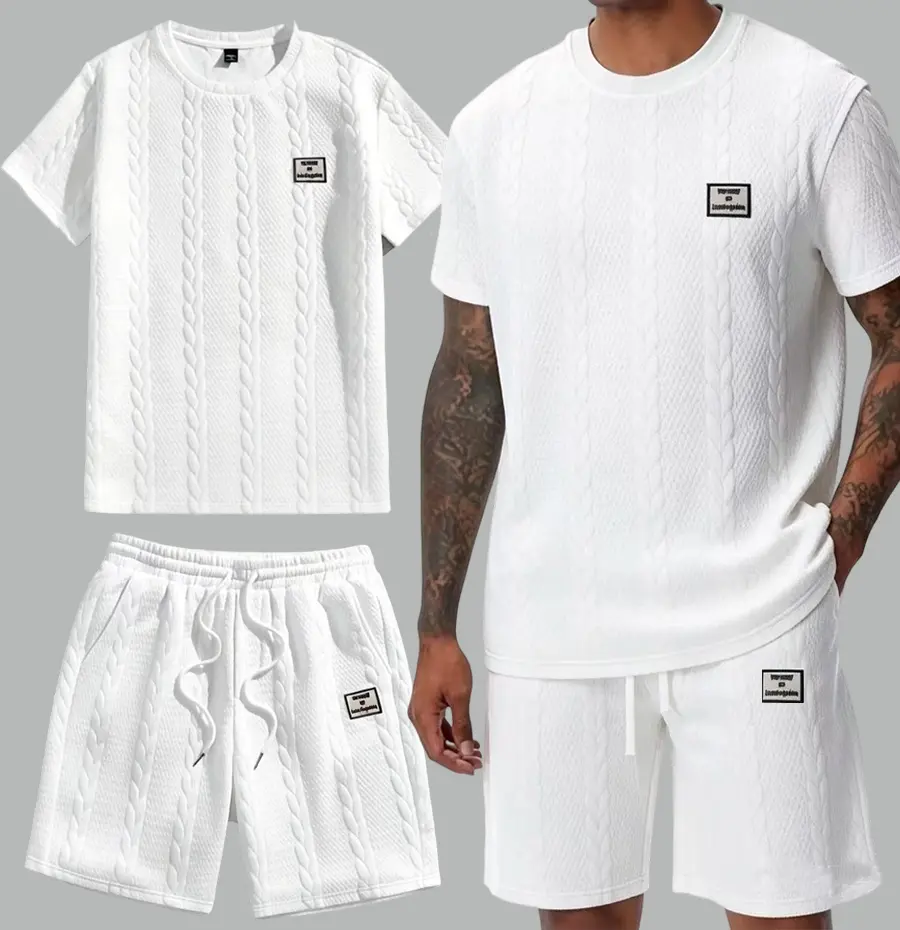 Men's 2-Piece Textured Menswear Set - Round Neck, Soft Fabric, Drawstring Waist, Embroidered Details, Plain Shorts, Suitable for Outdoor & Casual Wear