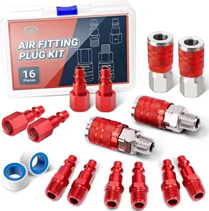 16 count Universal 1/4" NPT Air Hose Fittings & Coupler Kit, Lightweight Aluminium With Quick Connect Plug, Pneumatic Tool Fitting for Compressor Accessories