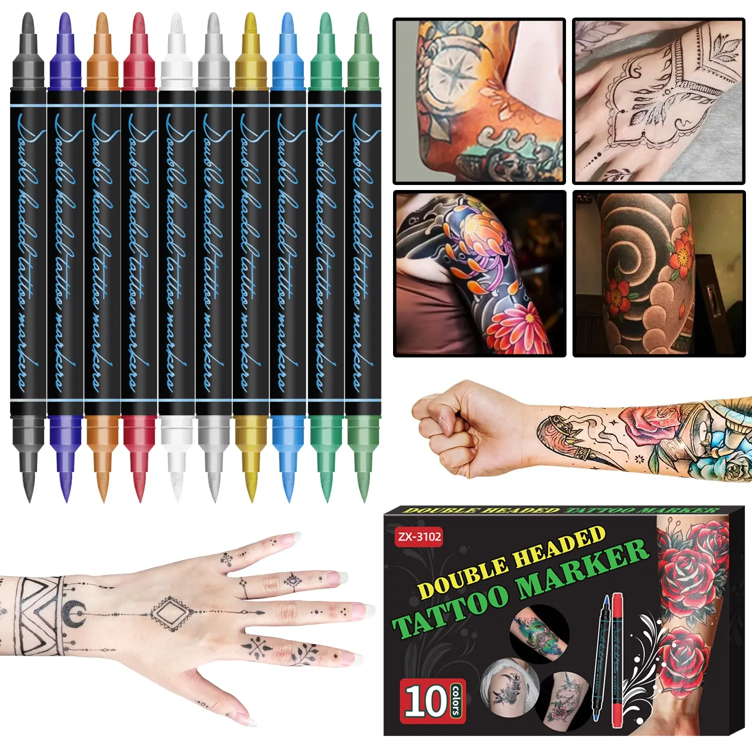 Temporary Dual-Head Tattoo Pen Drawing Pen, 10 Colors, Washable Skin Painting Marker, Easy to Remove, Graffiti Pen, Body Art