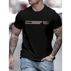 Men'S Casual Crew Neck T-Shirt with "FUTURE" Print, Short Sleeve, Knit Fabric, 95% Polyester 5% Spandex, Slight Stretch, Regular Fit, Summer Top - Black