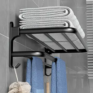 No Drilling Bathroom Wall Mounted Towel Rack Foldable Space Aluminum Storage Hanger