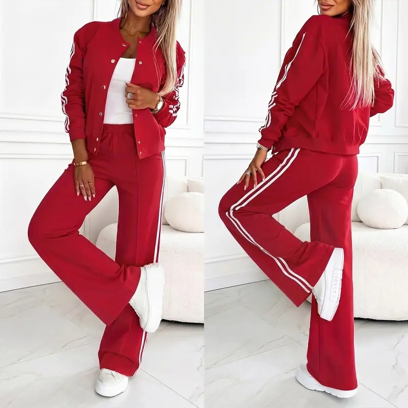 ChicMe Women's 2 Piece Outfit Baseball Jacket and Wide-Leg Pants Set Casual Contrast Side Striped Tracksuit