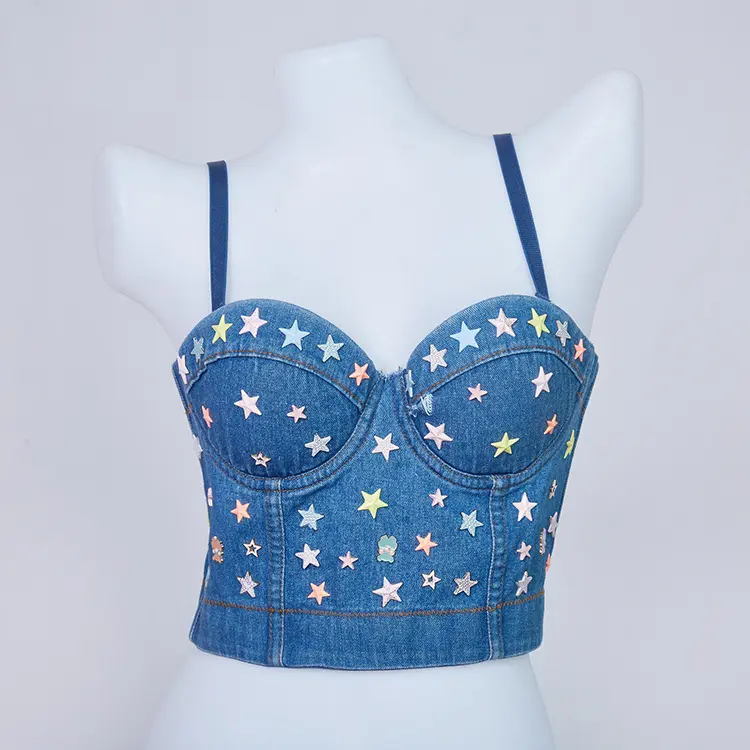 Women's Sequin Star Denim Corset Top - Sleeveless Structured Boned Bustier Crop Top for Halloween, Thanksgiving, Chinese New Year, Easter, Valentine's Day Festival Party Outfits