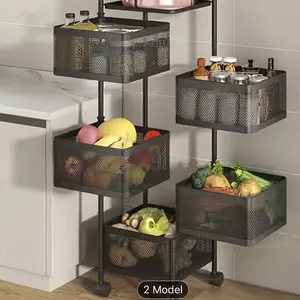 5-Tier Rotating Kitchen Storage Rack, Metal Basket for Fruits And Vegetables, Multi-Layer Trolley with Wheels, Free-Standing Basket for Kitchen And Bathroom, Square Design