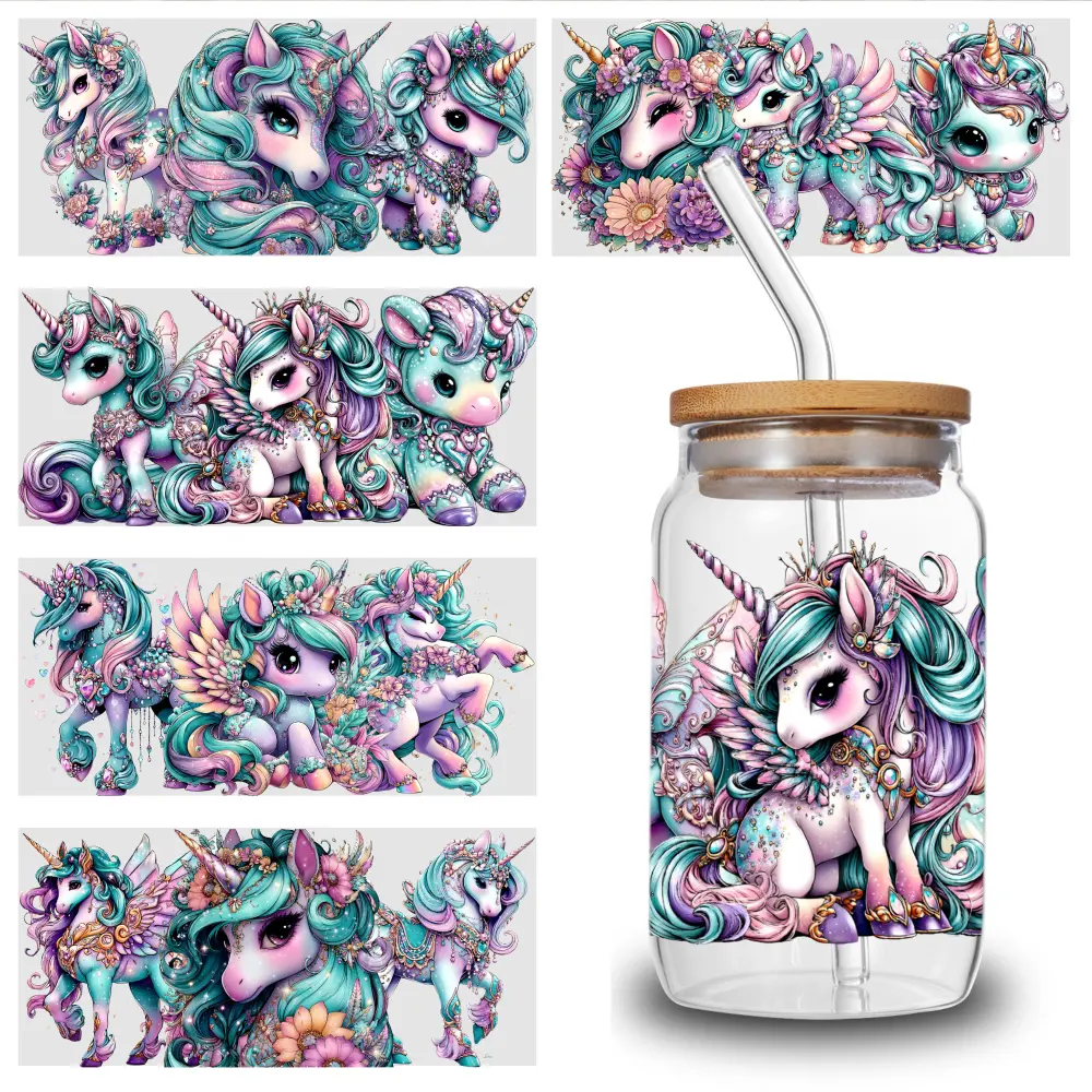 5-Sheet Pack Unicorn Motif UV DTF Print Decorative Decal, Waterproof Self-Adhesive Plastic Labels for Home & Cup Decoration