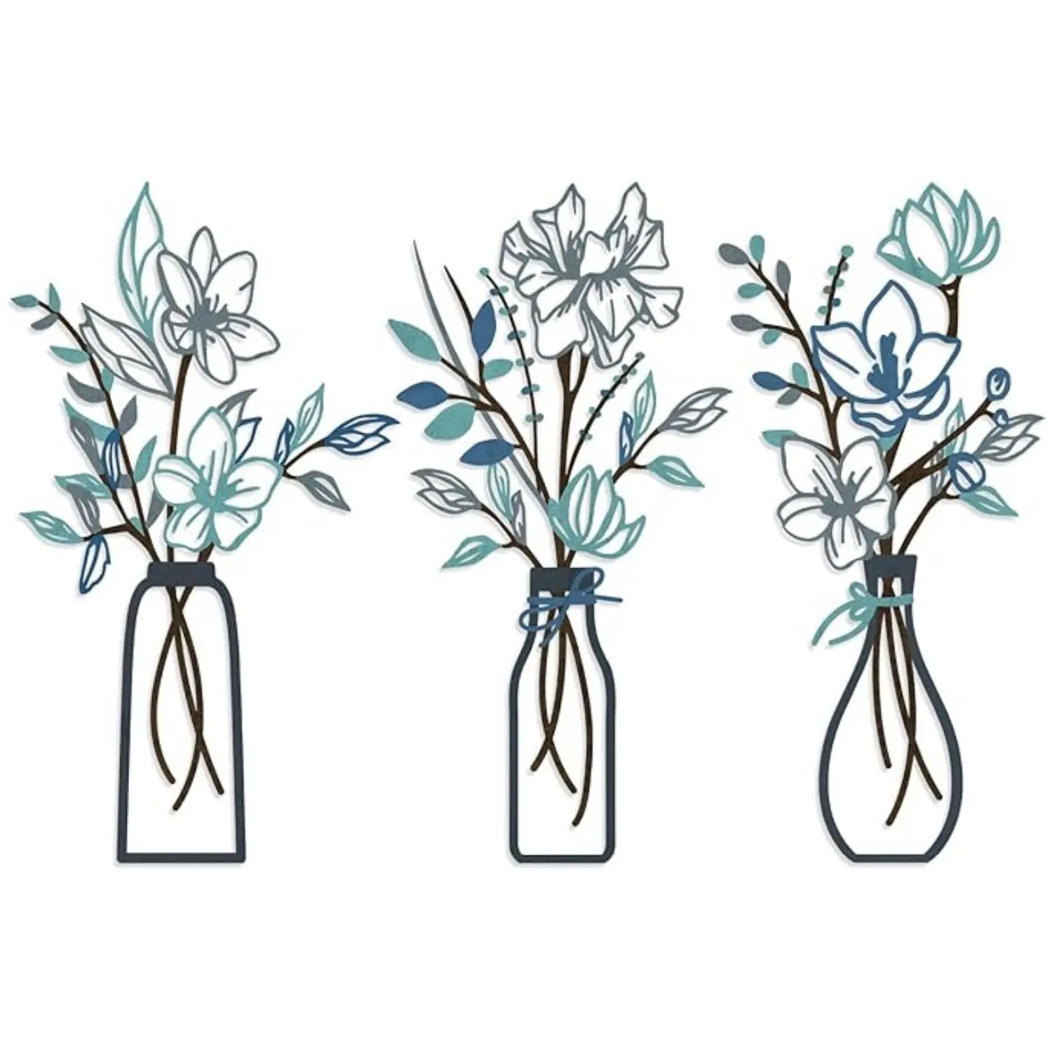 3 Pieces Metal Flowers Wall Arts - Rustic Farmhouse Decor Minimalist Flower Wall Decors for Living room Bathroom Kitchen Bedroom Dining Room - Housewarming Gifts (Blue)