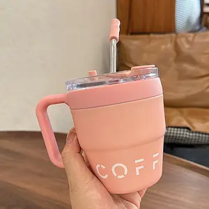 1 Piece 16 Oz/480ml Portable Coffee Cup with Handle and Straw, Stainless Steel Vacuum Mug Double-Layer Coffee Cup, Suitable for Outdoor Camping Home and Office Use Drinkware Flasks