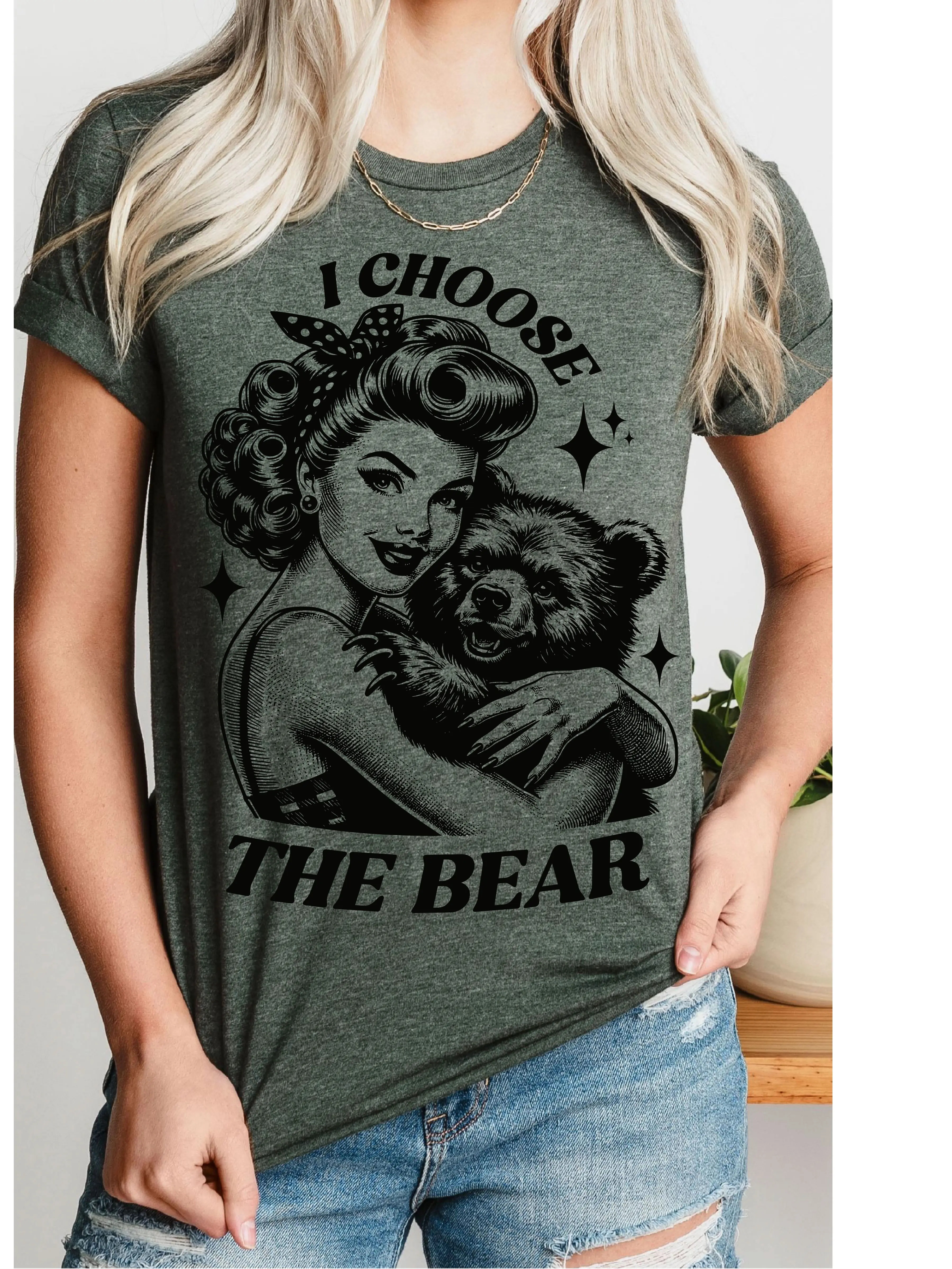 I choose The bear T Shirt  Vintage Graphic  women Tees, Summer t-shirts , tee shirts for women, sarcastic humor women shirts Casual Breathable Comfort Cotton Comfortable Loose Top Womenswear Fit Lightweight