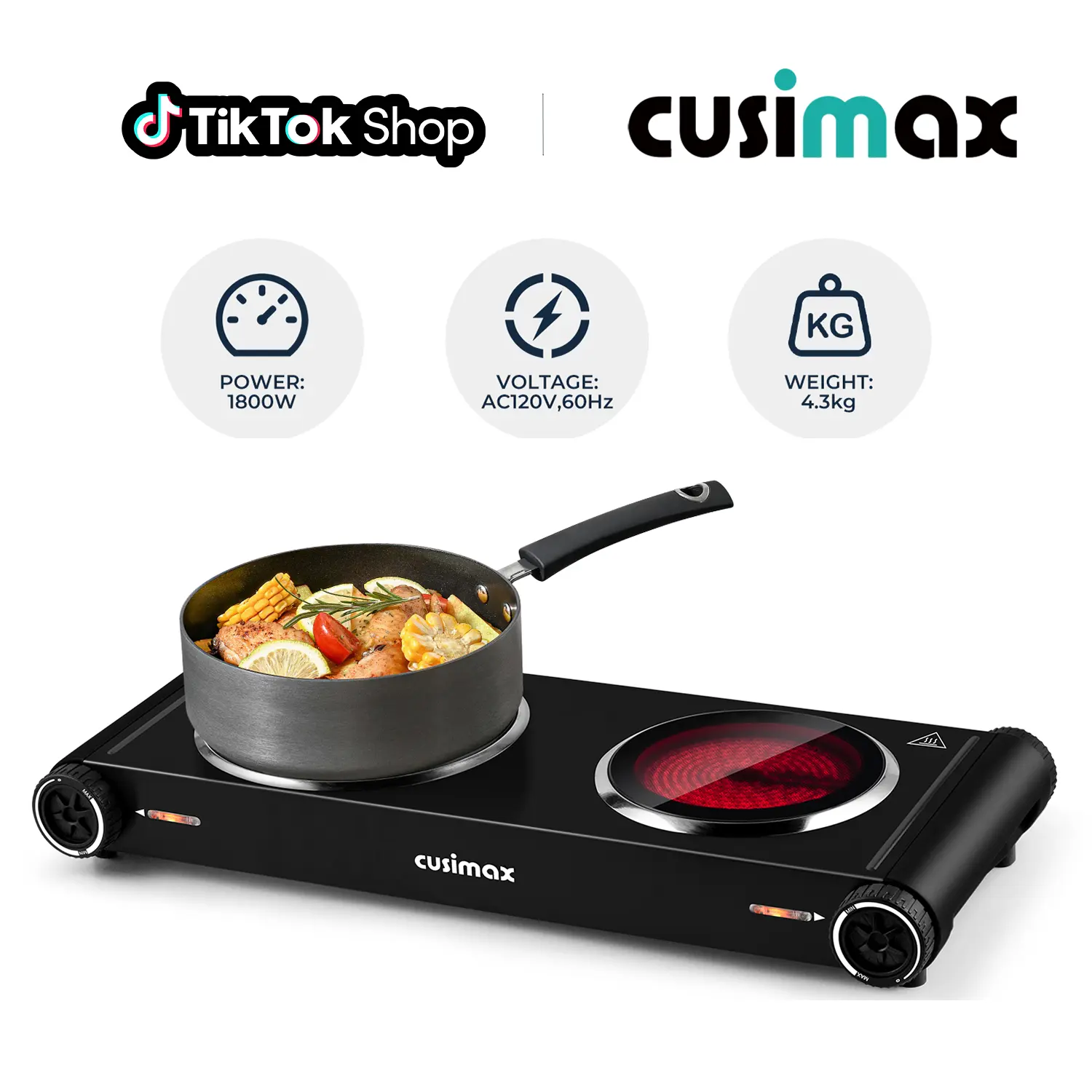 CUSIMAX Dual Control Rectangular Ceramic Induction Cooker Stove - Dual Infrared Burners, Stainless Steel & Easy-Clean Glass Surface, Precise Temp Control, US Plug, Fast Boiling, Energy Efficient, for Home, Office