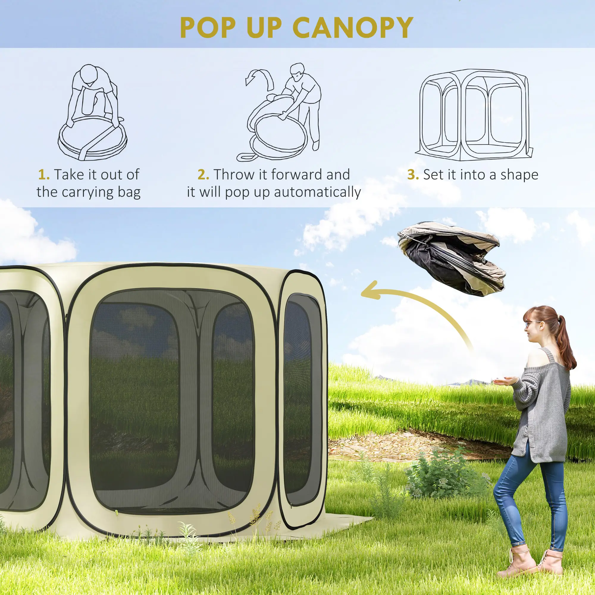 Outsunny 11 x 11ft Pop Up Screen Tent, Portable Camping Gazebo Canopy Screen House with UPF50+ Oxford Cloth and Carry Bag for Patio, Backyard, Deck