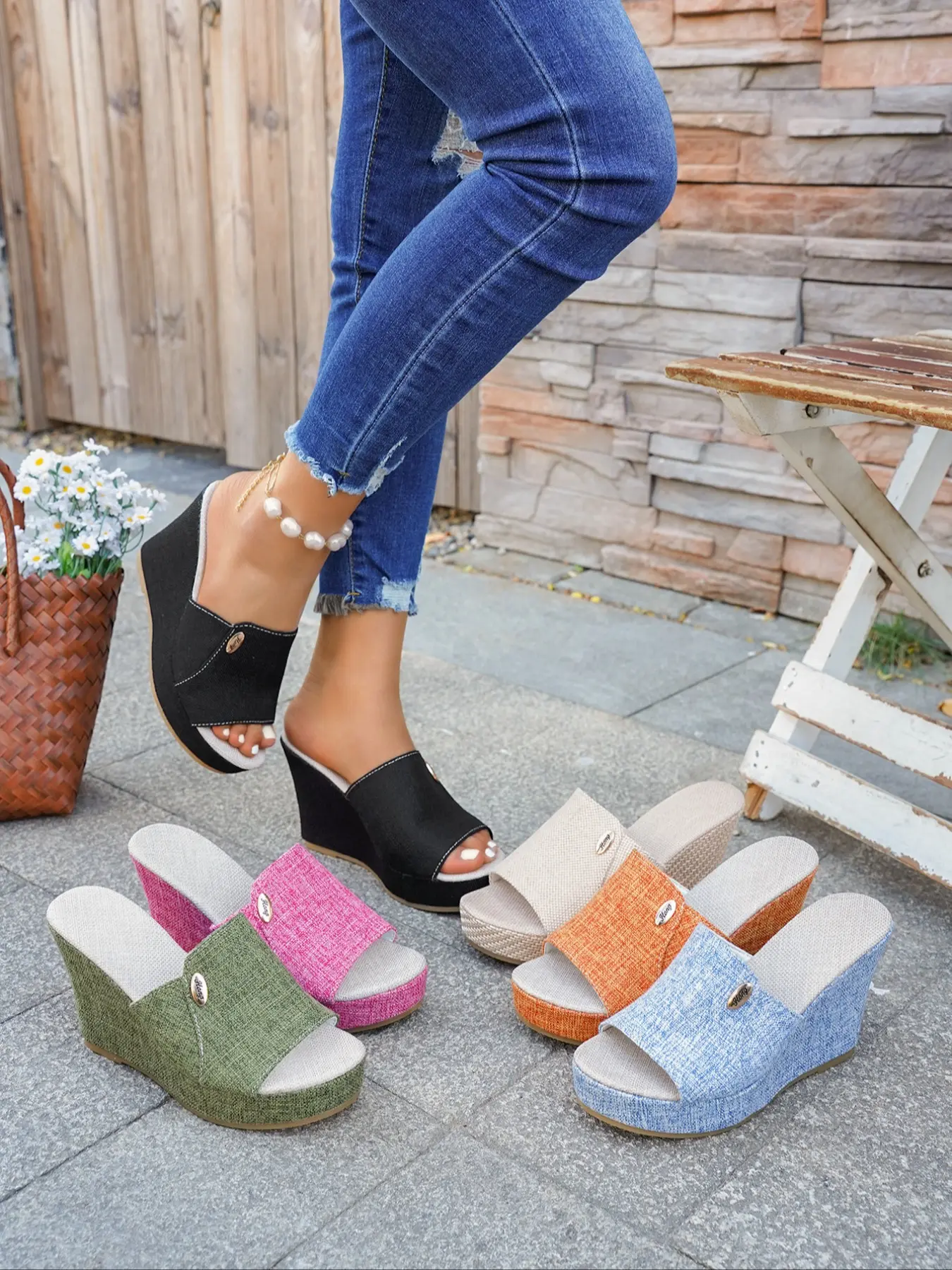 Women's Casual High Heel Sandals, Fish Mouth Elegant Open Toe Slip-On Summer Vacation Style, Textile Fabric Wedge Shoes, Elegant Heeled Sandals