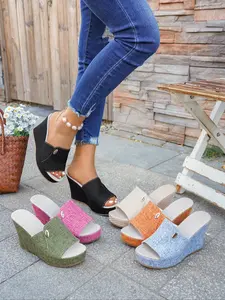Women's Casual High Heel Sandals, Fish Mouth Elegant Open Toe Slip-On Summer Vacation Style, Textile Fabric Wedge Shoes