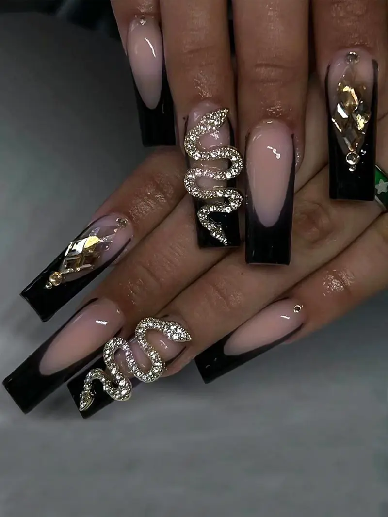24-Piece Snake & Rhinestone Decor Long Coffin Press-On Nails with Matte Black & Nude Pink Ombré - 3D Diamond Design Full Cover False Nail Kit