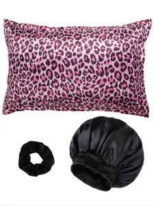 Leopard Print Satin Pillowcase Set, Soft Silk Feel Sleep Hat & Headband, Comfortable Bedding Accessories for Good Night's Sleep