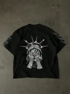 Unisex Statue of Liberty Eye-Covering Rhinestone Tee | American High Street Dark Aesthetic Oversized Top | Viral TikTok Pick For Street Style, Streetwear, Festivals, Y2K Fits, Daily Wear | Heavy Cotton + Full Rhinestone + Flame Rhinestone Sleeves