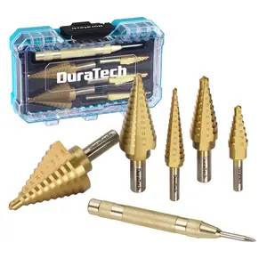 #SpringGlowUp DURATECH 6-Pack Step Drill Bit Set with Automatic Center Punch, 50 Sizes in 5 High Speed Steel, Titanium Coated, Double Flute Cutting Blades Step Drill Bits for Metal, with Storage Case