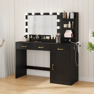 Garvee Vanity Desk with Mirror and Lights, Makeup Vanity with Power Outlet & 11 LED Bulbs, Black Dressing Table with 3 Drawers and Storage Shelves, Modern Makeup Table for Bedroom, Standalone