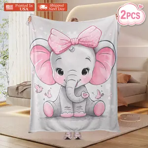 2PCS 60*80in Lightweight Cozy Flannel Throw Blanket, Cute Little Elephant on the Moon Personality Print, Portable Machine Washable Blanket, Lightweight Cozy Blanket