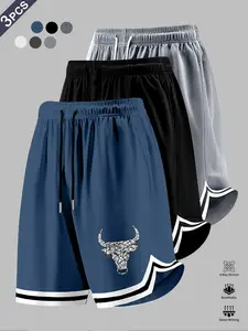 Men's Summer 3-Pack Sport Shorts, Bull Print Design, Adjustable Waist, Side Stripes, Loose Fit, Casual Street Style, Ideal for Basketball