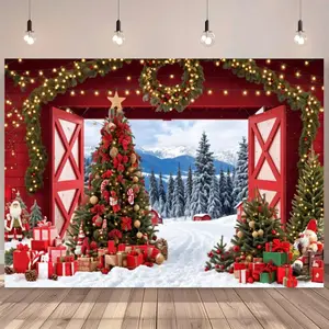 Christmas Barn Backdrop Banner 1pc Vinyl Winter Snow Forest Scene with Xmas Tree & Decorations Festive Party Photography Background No Power Needed No Feathers General Fit Ornaments