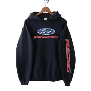 Vintage Ford Racing Hoodie, Navy Blue Pullover Sweatshirt Unisex, Retro Car Enthusiast Streetwear, Oversized Graphic Hoodie with Sleeve Print, Racing Fan Gift, Y2K Streetwear