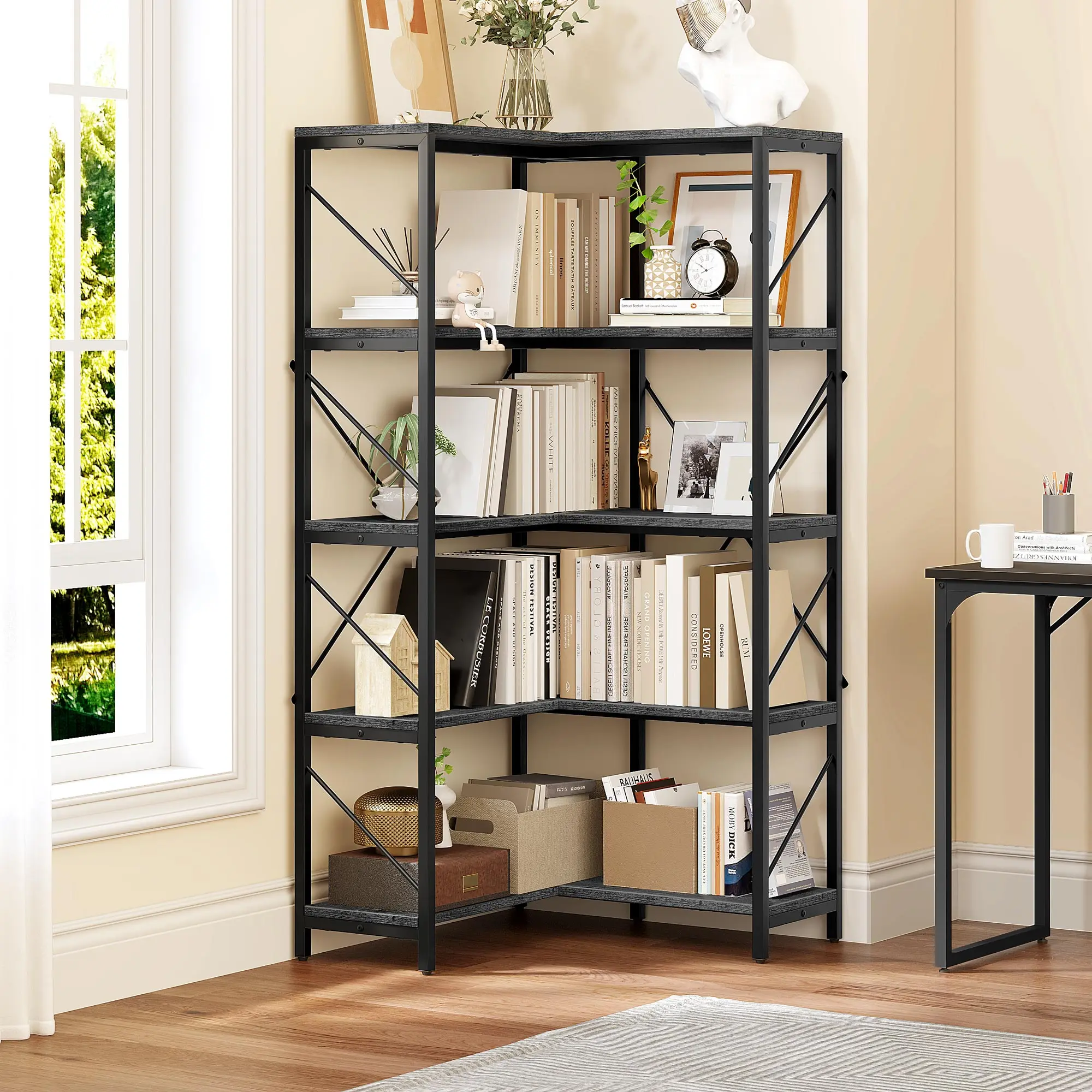 YITAHOME Wall Corner Bookshelf - 5-Tier Metal Storage Shelf Living Room Furniture with Metal Base, Single Unit Large Display Rack for Bedroom, Home Office, Requires Assembly