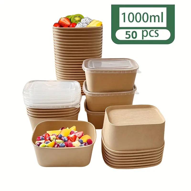 34oz disposable lunch box with cover, 50 containers for preparation before loading, single use fruit salad bowl, cardboard food container, leak proof design, microwave heating, suitable for hot and cold food, Noodles in soup dessert takeaway boxes Takeout