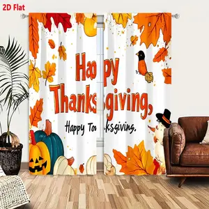 2D Flat Thanksgiving Themed 2-Piece Curtain Set, Festive Happy Thanksgiving Pumpkin Turkey Maple Leaves Pattern, Blackout Window Curtains for Living Room Bedroom, Autumn Harvest Decorative Curtains