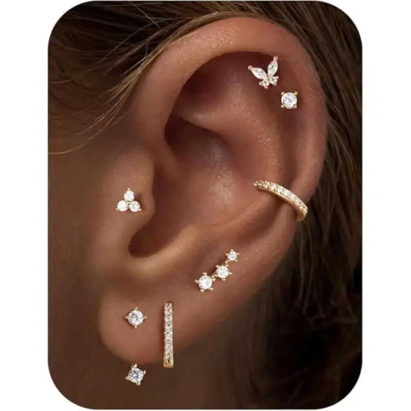 Hypoallergenic Earring Jacket Stacks - 7 Pairs Gold Earrings Dainty Huggie Hoop Cartilage Helix Earring Jacket, Fashion Accessories Western Jewelry Gifts
