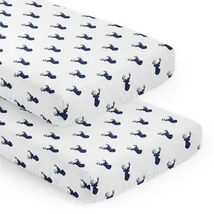 Sweet Jojo Designs 2-Piece Baby Crib Sheets Set (Woodland Deer) for Boys, Infant Nursery, Toddler Room -Fitted, Standard Size (Classic, Forest Animal, Stag, Antler, Minimalist, Navy Blue and White)