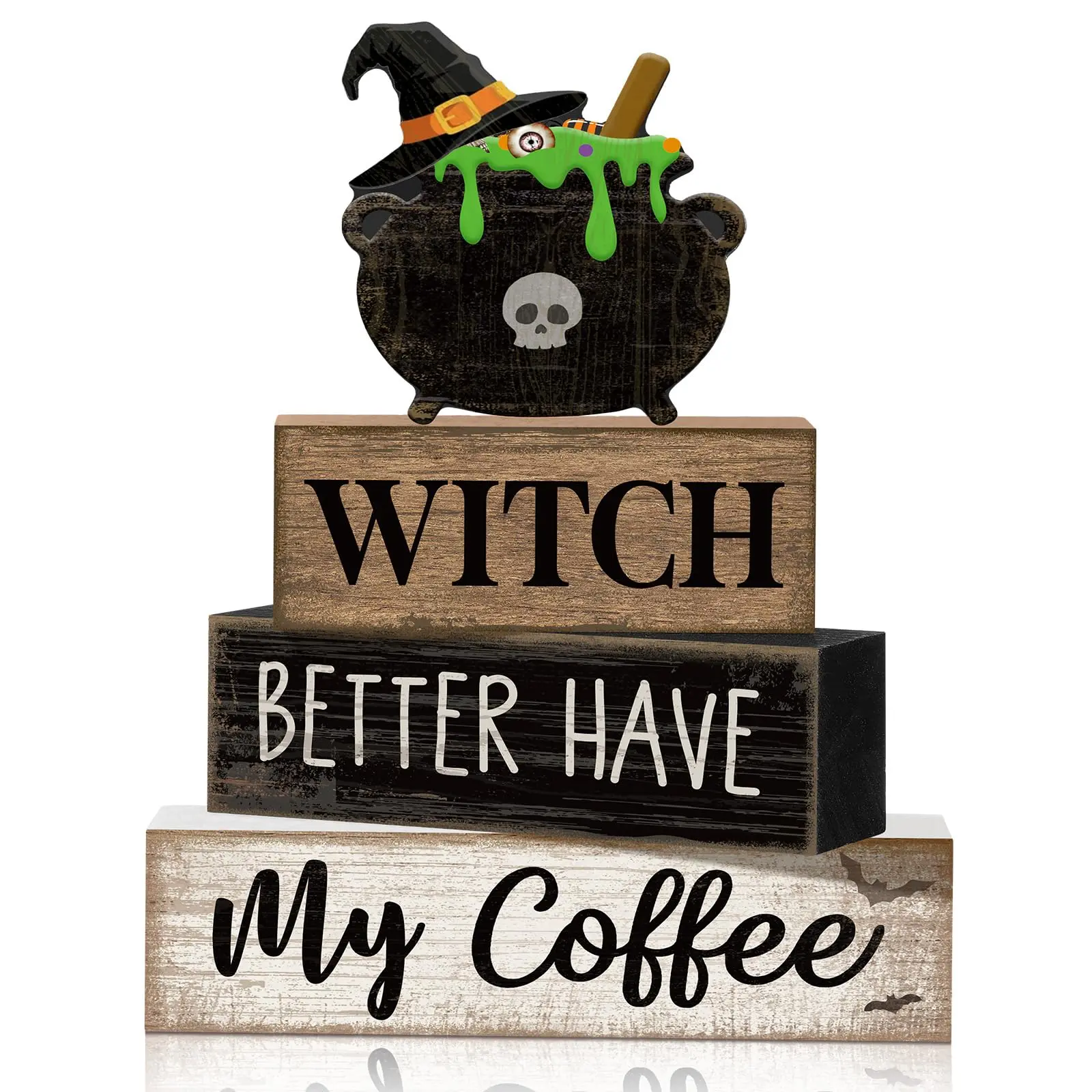 Goth 4-Piece Classic Halloween Desktop Table Decor Set - Wooden Stacked Blocks Witch Ornament (7" Approx), Cauldron Topper, "Witch, Make Sure My Coffee Is Ready" Sign for Home Layered Tray Decor