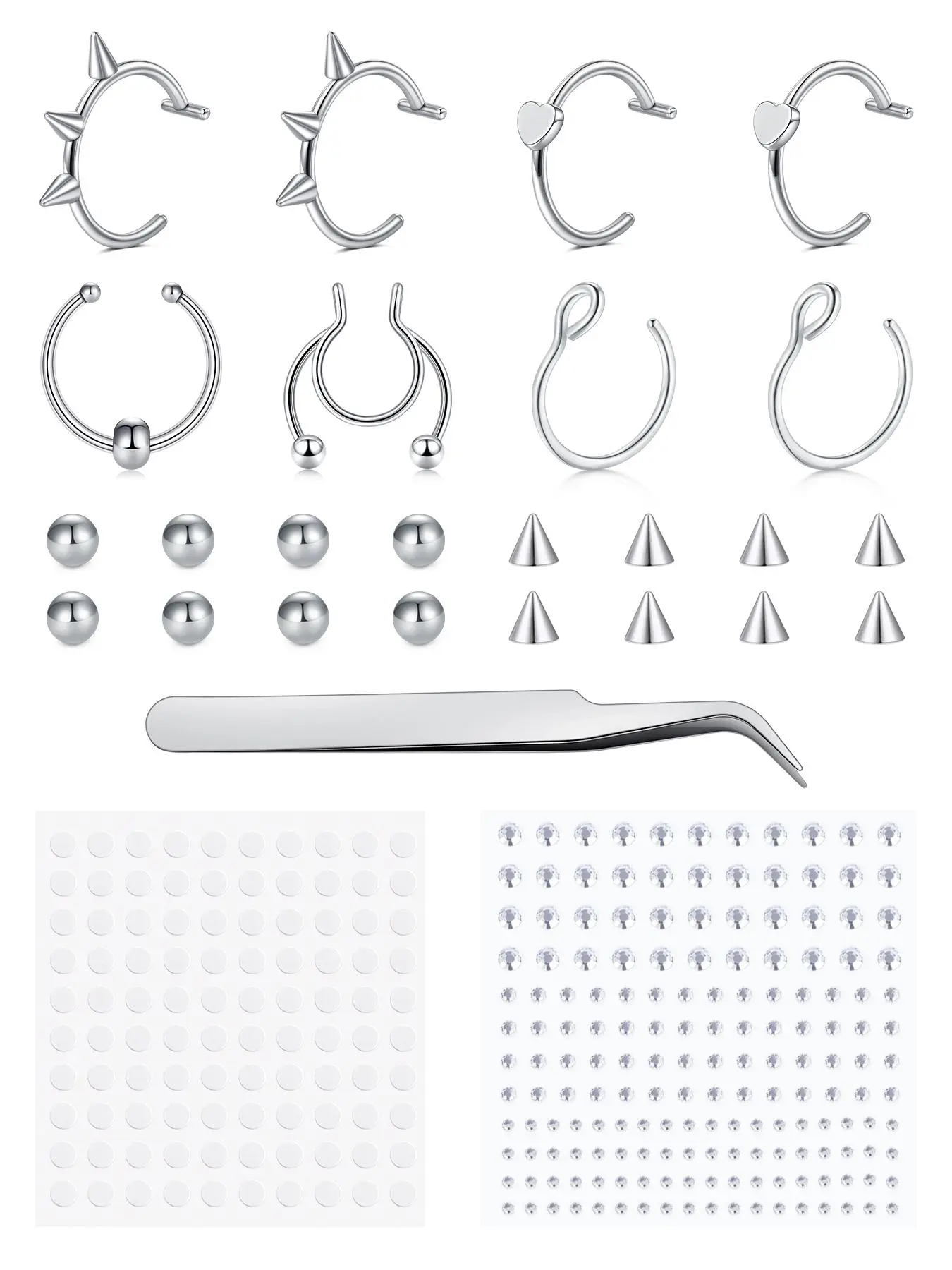 Fake Eyebrow Ring Fake Lip Labret Studs Replacement Balls Spike with 100Pcs Sticker Non-Piercing Nose Rings Hoop Stick on Snake Bites Fake Piercings Body Jewelry Skin Stainless Steel Unique Spike Design