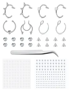 Fake Eyebrow Ring Fake Lip Labret Studs Replacement Balls Spike with 100Pcs Sticker Non-Piercing Nose Rings Hoop Stick on Snake Bites Body Jewelry Skin