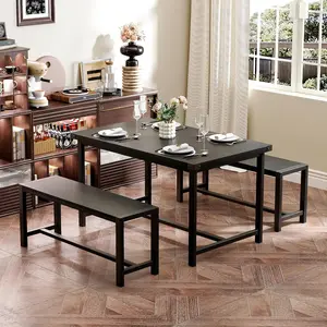 3-Piece Dining Set, 44.4 Inch Tall Kitchen Table for 4 with 2 Benches, Space-Saving Industrial Dining Table Set, Perfect for Small Kitchen Breakfast Nook Dining Room