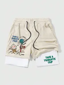 Men's artificial two-piece Outdoor Sports shorts, Summer sports shorts, Embark on a Romantic Journey space graffiti pattern silk screen printed, double-layer design, heatstroke prevention and warmth, comfortable movement, street style for basketball