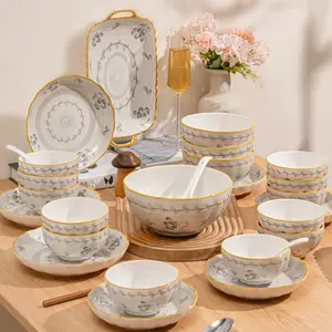 Set of 11/25/36 ceramic dinnerware pieces with a retro ink wash print, microwave-safe and dishwasher-safe; suitable for home use, featuring elegant printed designs on knives and forks.