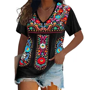 Chvity Womens Mexican Embroidered Tops Short Sleeve Fiesta Shirts Floral Peasant Blouses