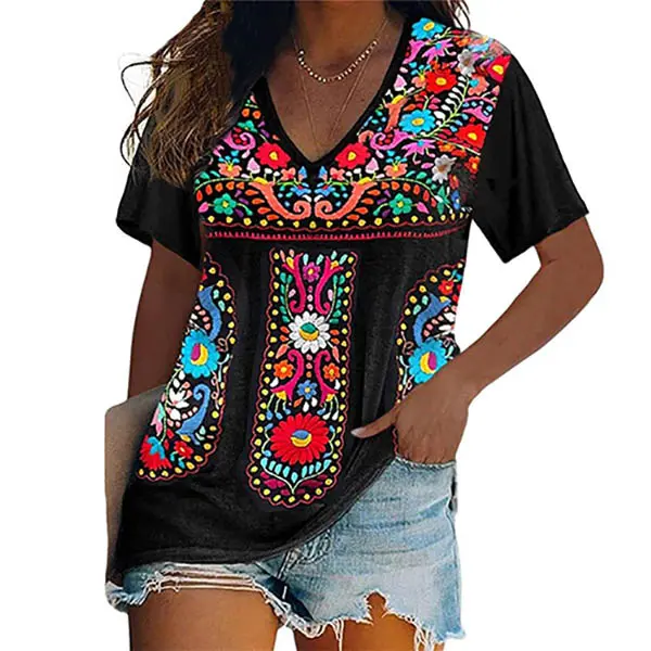 Chvity Women's Traditional Mexican Floral Embroidered V-Neck Short-Sleeve Peasant Blouse - Soft Breathable Fabric, Loose Fit Shirts, Baggy Flattering Cut, Boho Top, Leggings-Complementary, Ideal for Holiday, Work, Cinco De Mayo Casual Wear, Breathable Lin