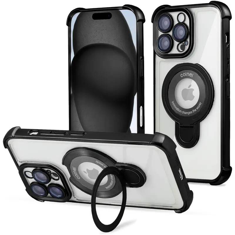 Entronix Metallic Glossy Bumper Casing with Holder Ring - Magnetic Wireless Dustproof Accessory for iPhone 18/17/16/15/14 Plus/Pro Max Cellphone Devices, Screen Protector Compatible